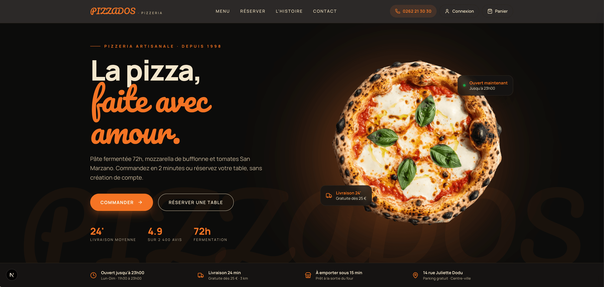 Le site de démonstration PIZZADOS, pour Pizzeria et vente à emporter